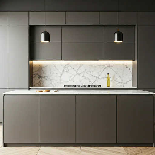 Modern modular kitchen specification with marble backsplash
